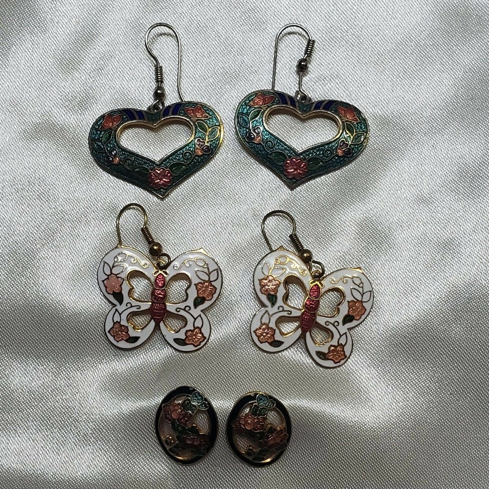 vintage 1980s cloisonne enamel earrings multicolor stud & drop 3 pairs